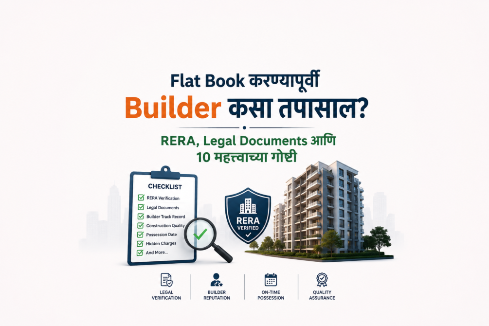 Builder verification checklist before buying a flat showing RERA verification, legal documents, builder reputation, construction quality and home buying guide.