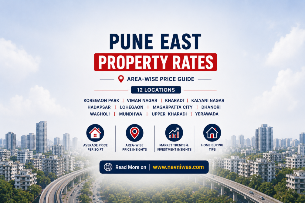 Pune East Property Rates 2026 showing area-wise flat price per sq ft for Kharadi, Viman Nagar, Koregaon Park, Kalyani Nagar, Hadapsar, Magarpatta City, Lohegaon, Wagholi, Mundhwa, Dhanori, Upper Kharadi and Yerawada