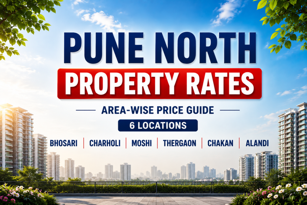 Pune North Property Rates 2026 showing area-wise flat price per sq ft for Bhosari, Charholi, Moshi, Thergaon, Chakan and Alandi in Pune.