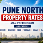 Pune North Property Rates 2026 showing area-wise flat price per sq ft for Bhosari, Charholi, Moshi, Thergaon, Chakan and Alandi in Pune.