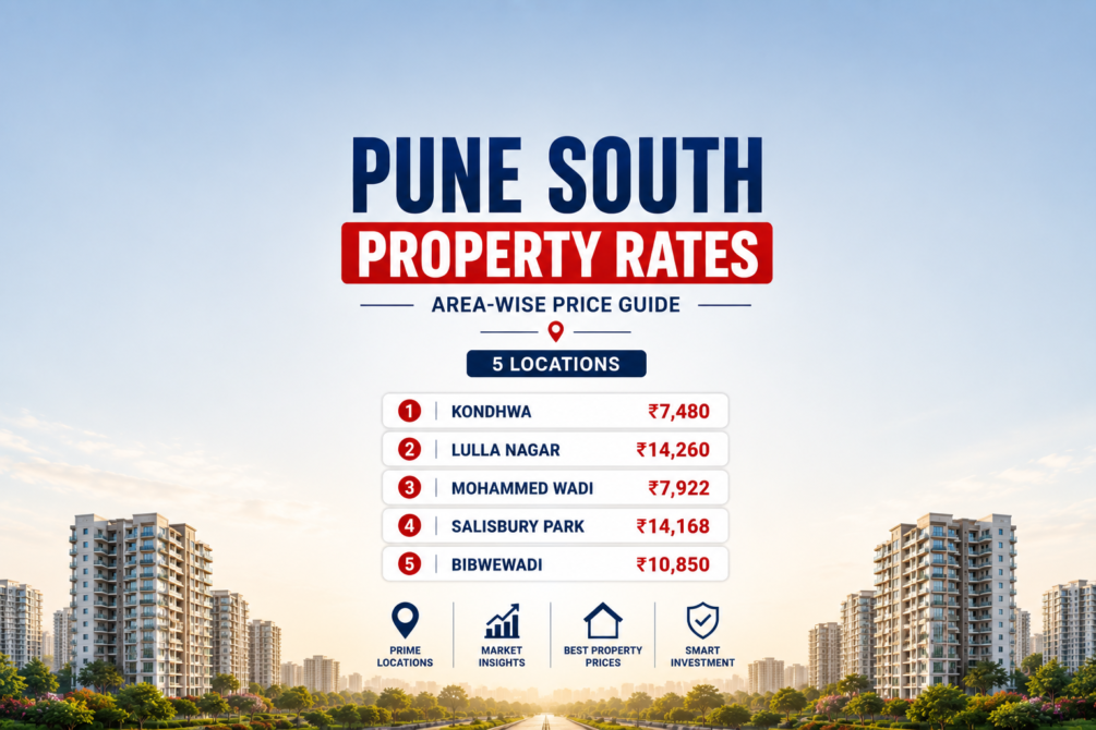 Pune South Property Rates featuring area-wise flat price guide for Kondhwa, Lulla Nagar, Mohammed Wadi, Salisbury Park and Bibwewadi in Pune.
